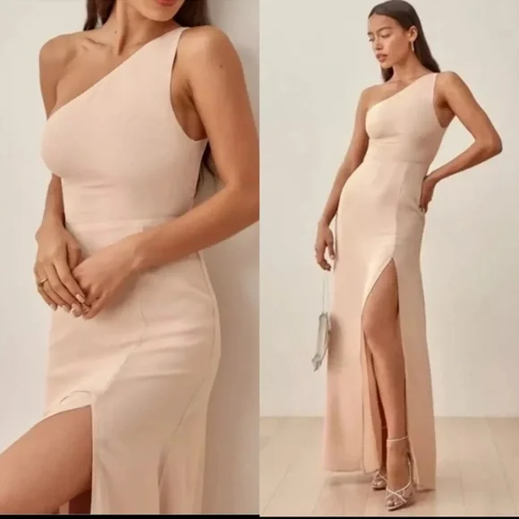 Reformation Evelyn One Shoulder Slit Maxi Dress Gown in Champagne Size 2 NWT - Picture 3 of 9